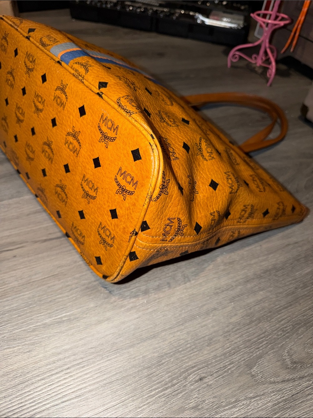 MCM Cognac Visetos Tote with Blue and Gray Center Stripe - Picture 4 of 6